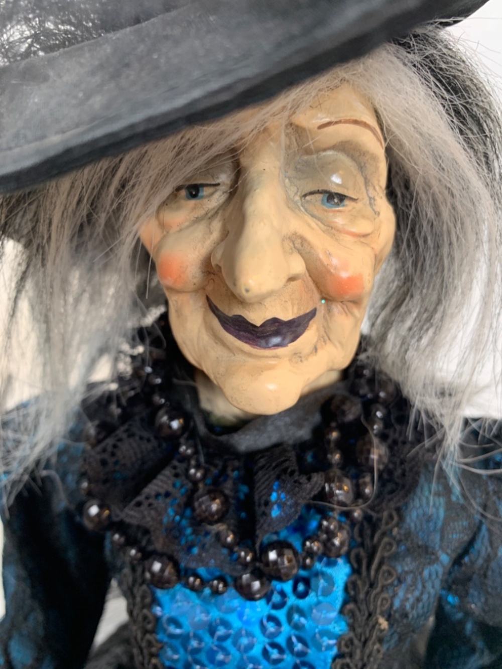 Spooky Old Witch With Broom Doll Shelf Sitter Blue Black Halloween Scary Decor - Picture 4 of 16
